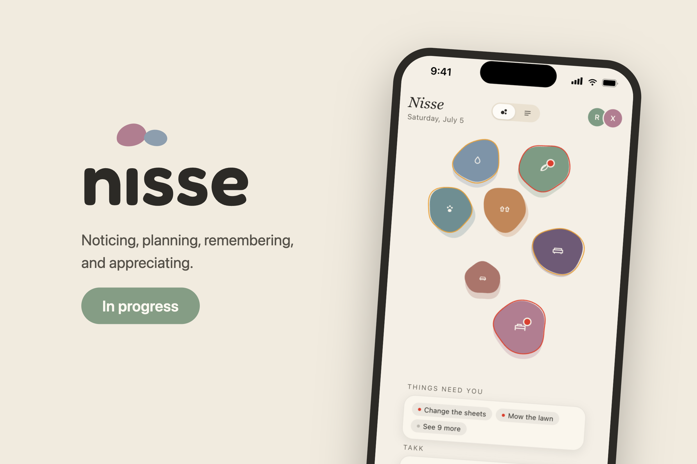 Nisse — 'one shared picture of the house, without a single nag' beside the app's blob home screen